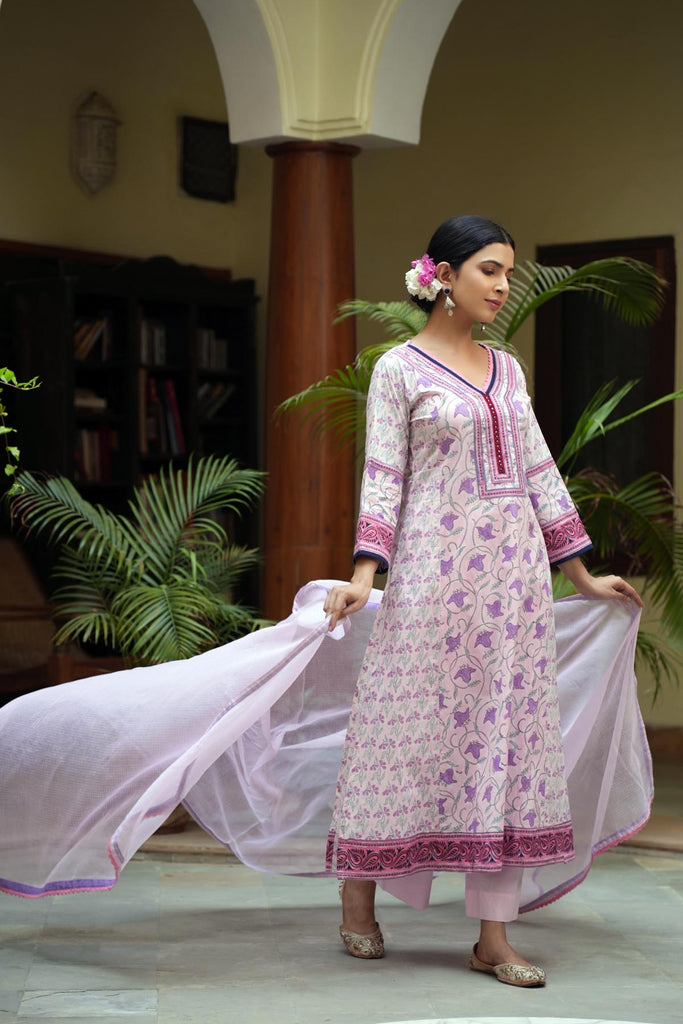 A-Line Hand Block Printed Cotton Kurta In Pink Base Color