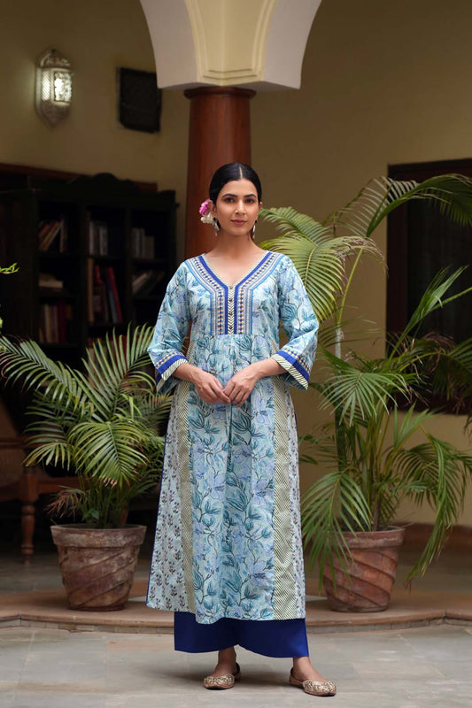 Sky Blue A-Line Kurta In Hand Block Cotton