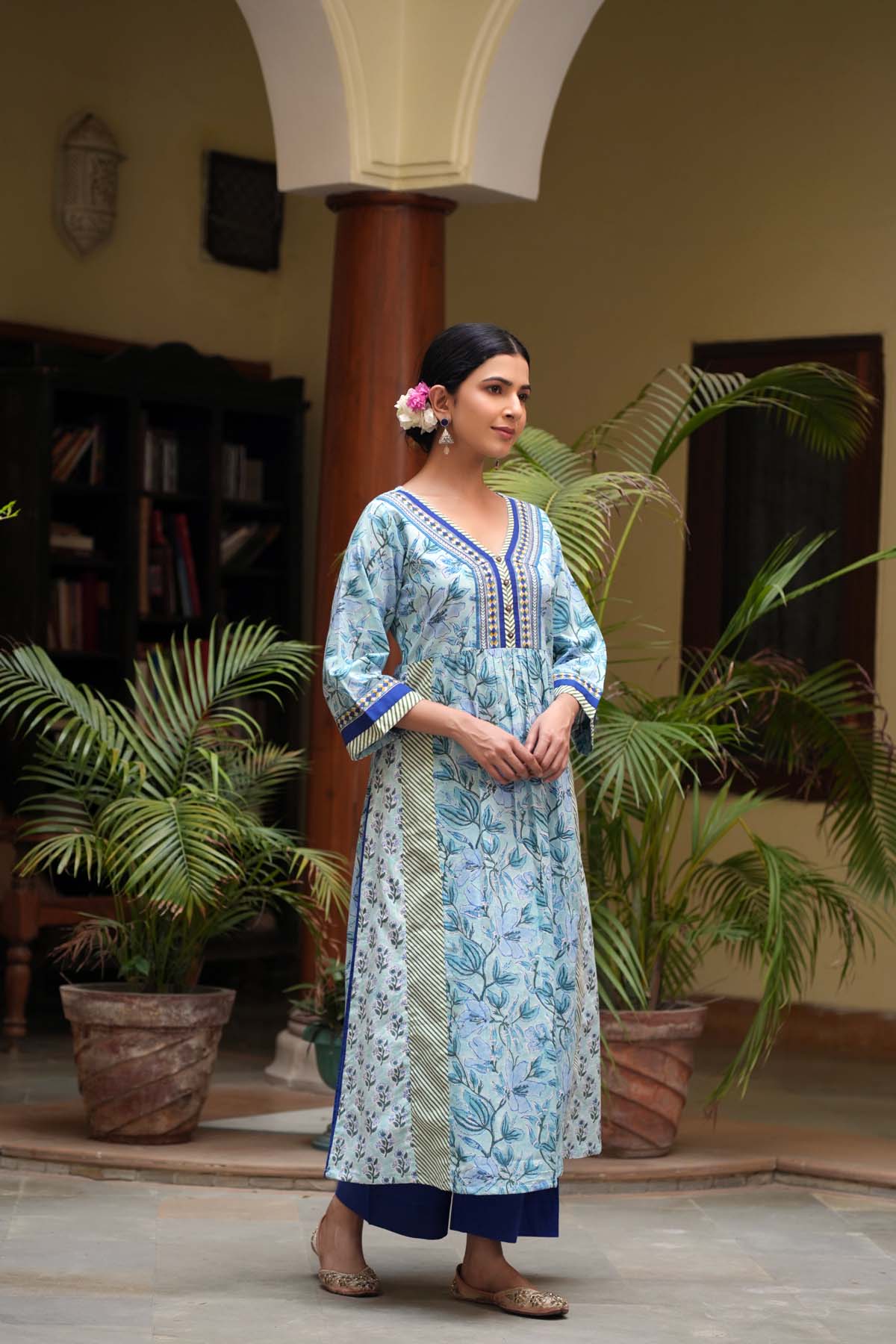 Sky Blue A-Line Kurta In Hand Block Cotton