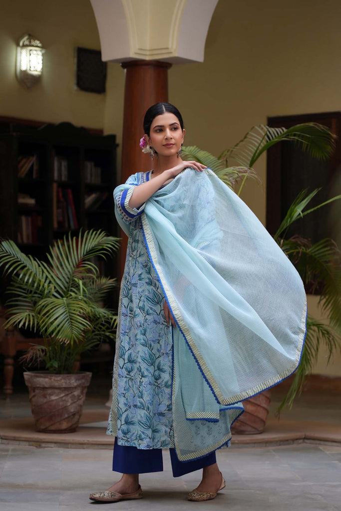 Sky Blue A-Line Kurta In Hand Block Cotton