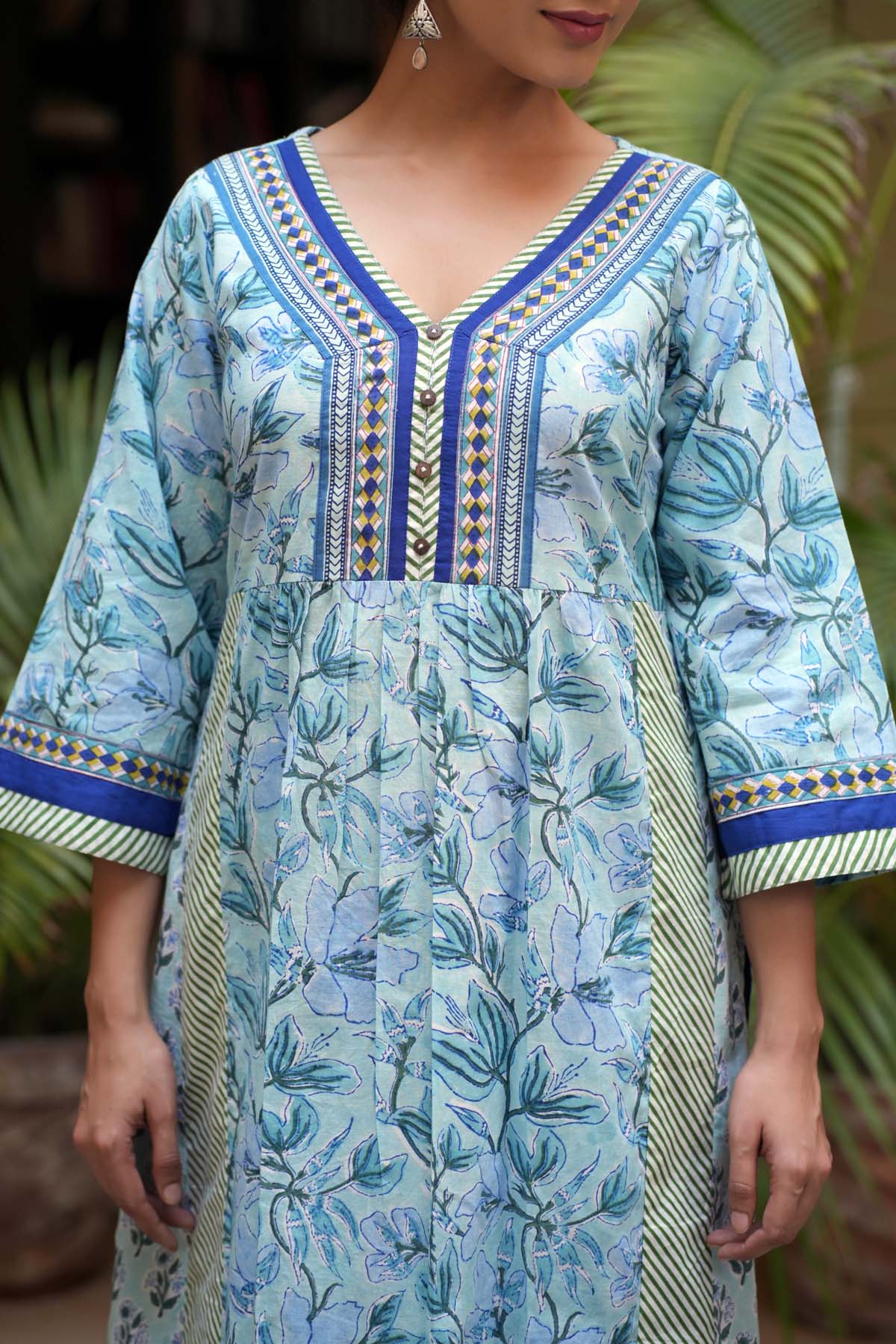 Sky Blue A-Line Kurta In Hand Block Cotton