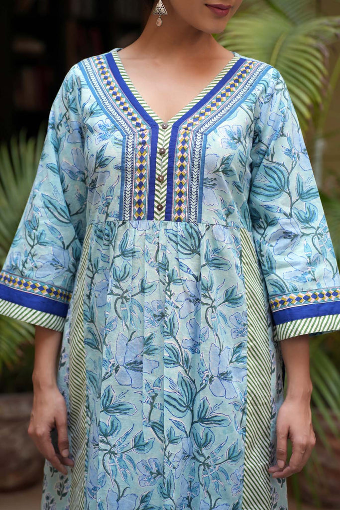 Sky Blue A-Line Kurta In Hand Block Cotton