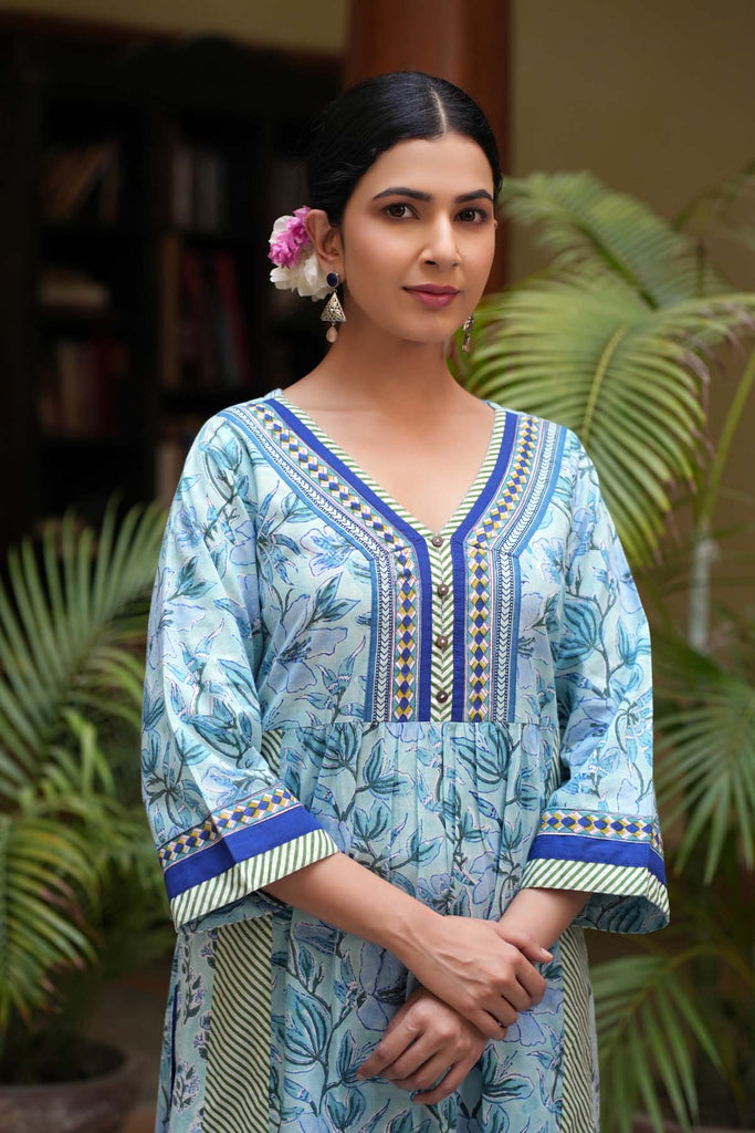 Sky Blue A-Line Kurta In Hand Block Cotton