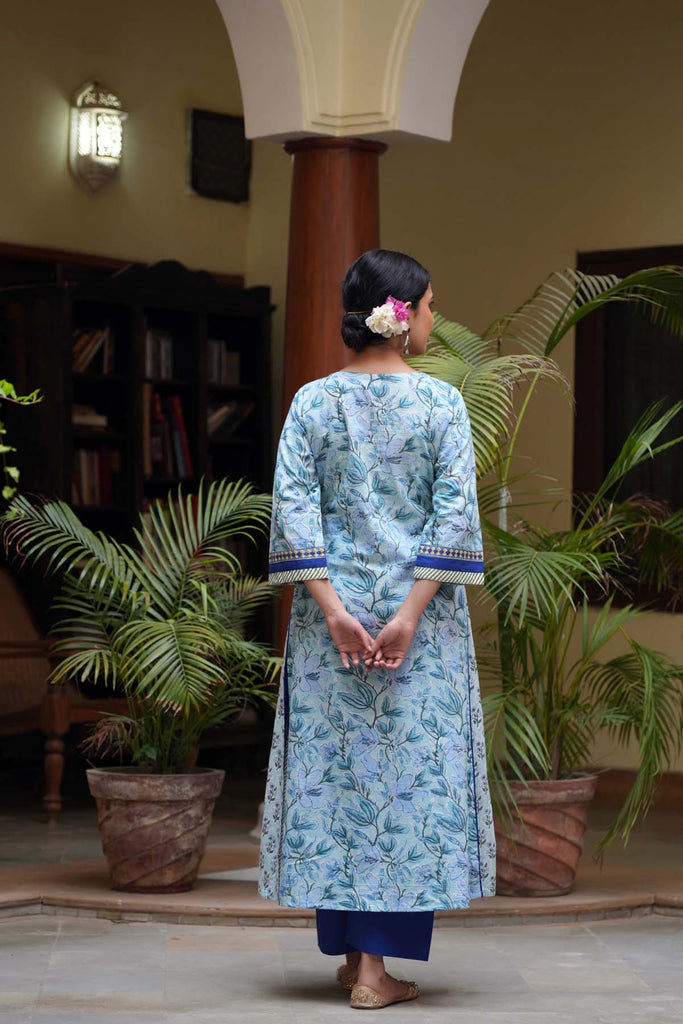 Sky Blue A-Line Kurta In Hand Block Cotton