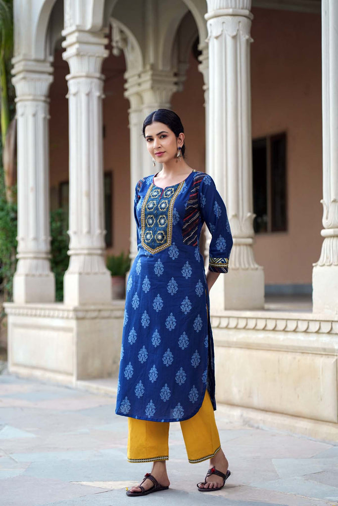 Navy Blue Pathani Style Kurta In Cotton