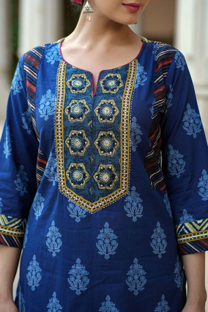 Navy Blue Pathani Style Kurta In Cotton
