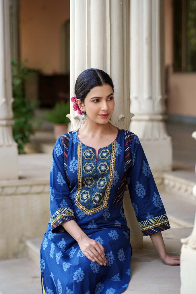 Navy Blue Pathani Style Kurta In Cotton