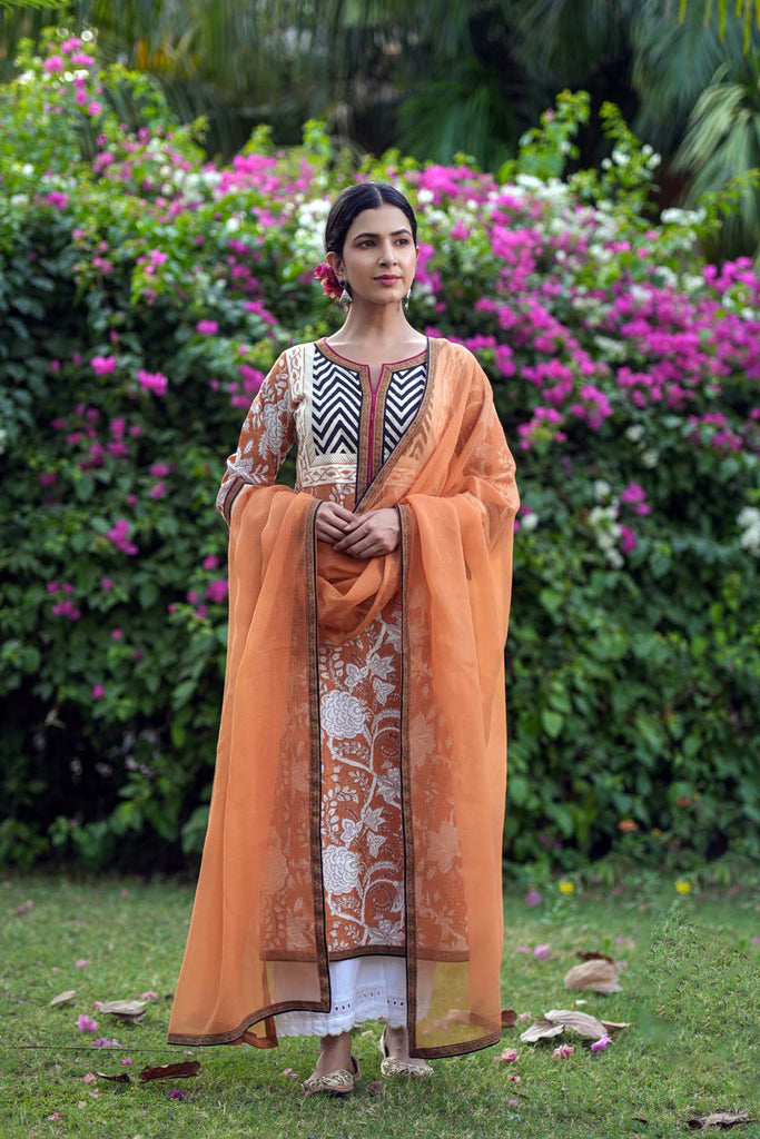 Long Length A-Line Kurta In Rust Color