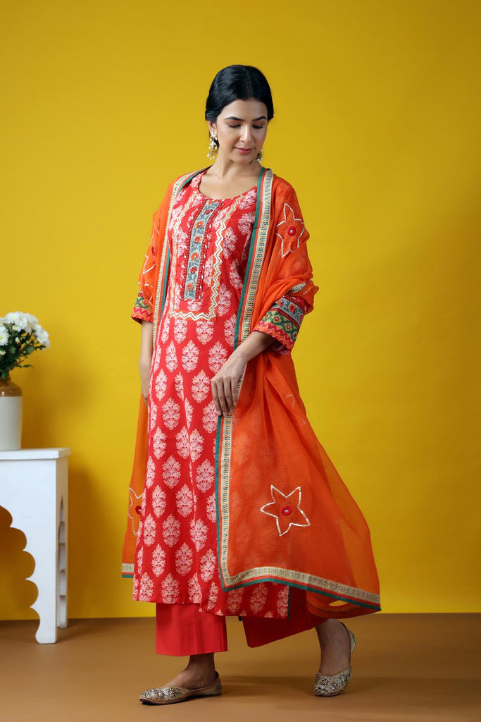 Long Length A-Line Kurta In Tomato Red Color