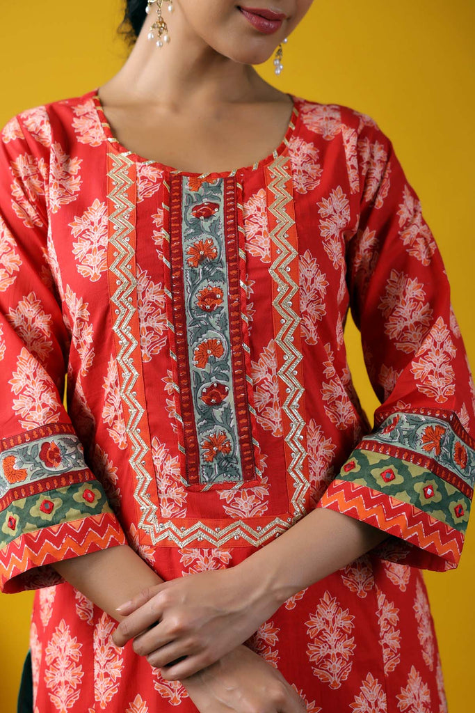 Long Length A-Line Kurta In Tomato Red Color
