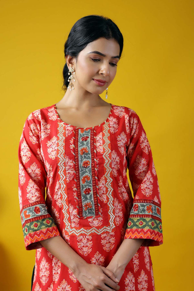 Long Length A-Line Kurta In Tomato Red Color