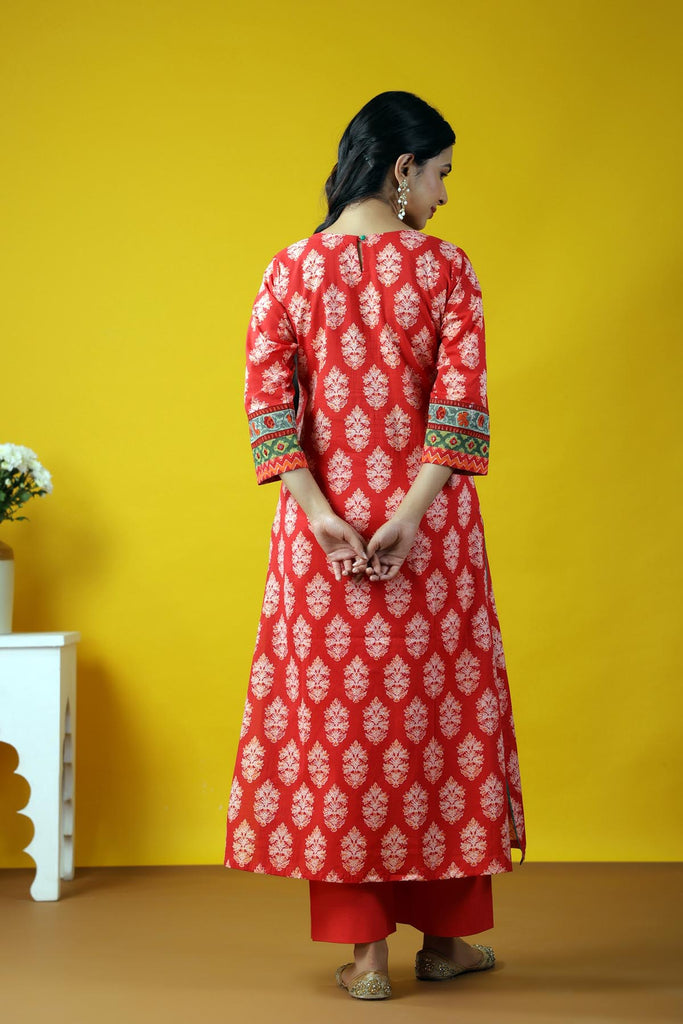 Long Length A-Line Kurta In Tomato Red Color
