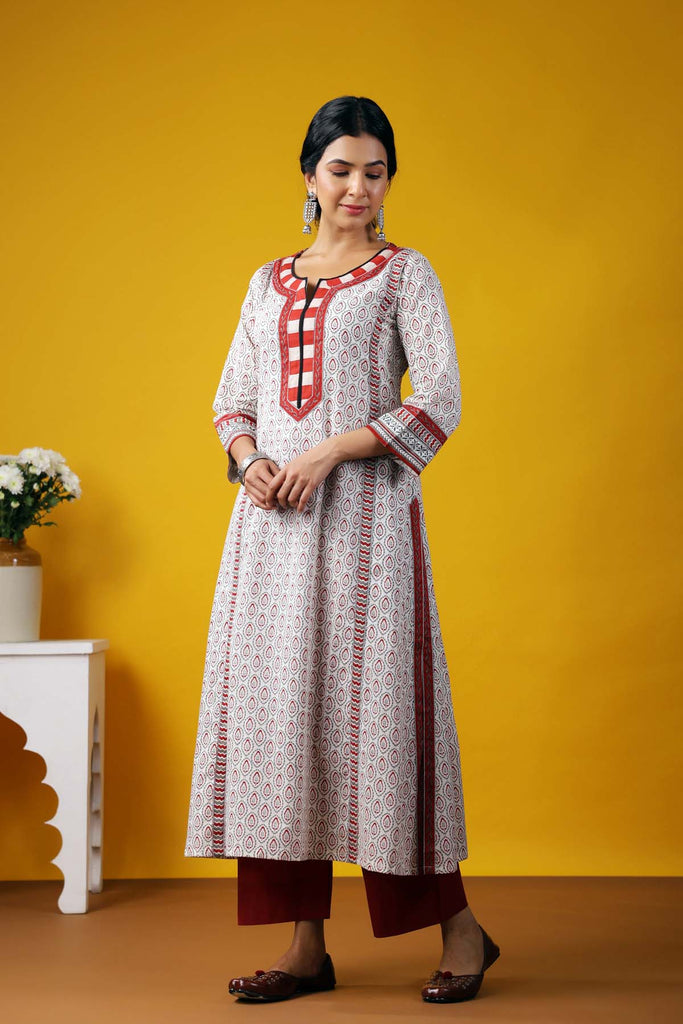 Long Length A-Line Kurta In Cream/Grey Color