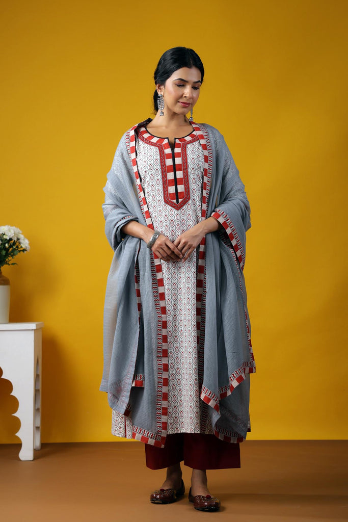 Long Length A-Line Kurta In Cream/Grey Color