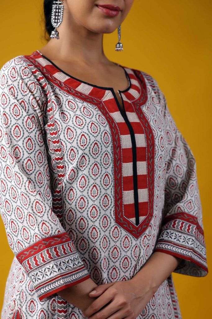 Long Length A-Line Kurta In Cream/Grey Color