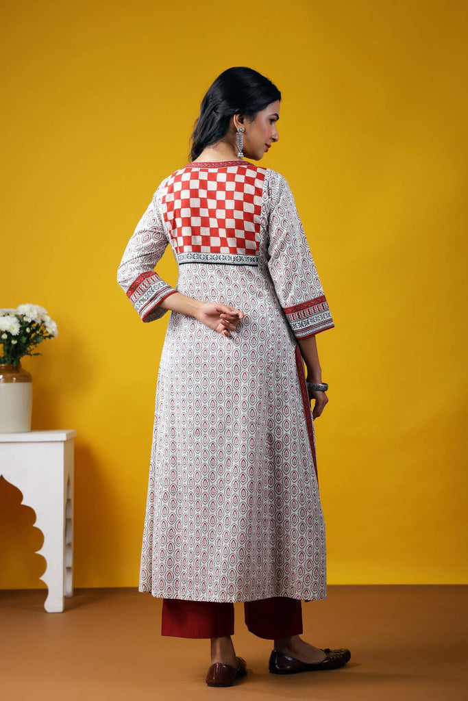 Long Length A-Line Kurta In Cream/Grey Color