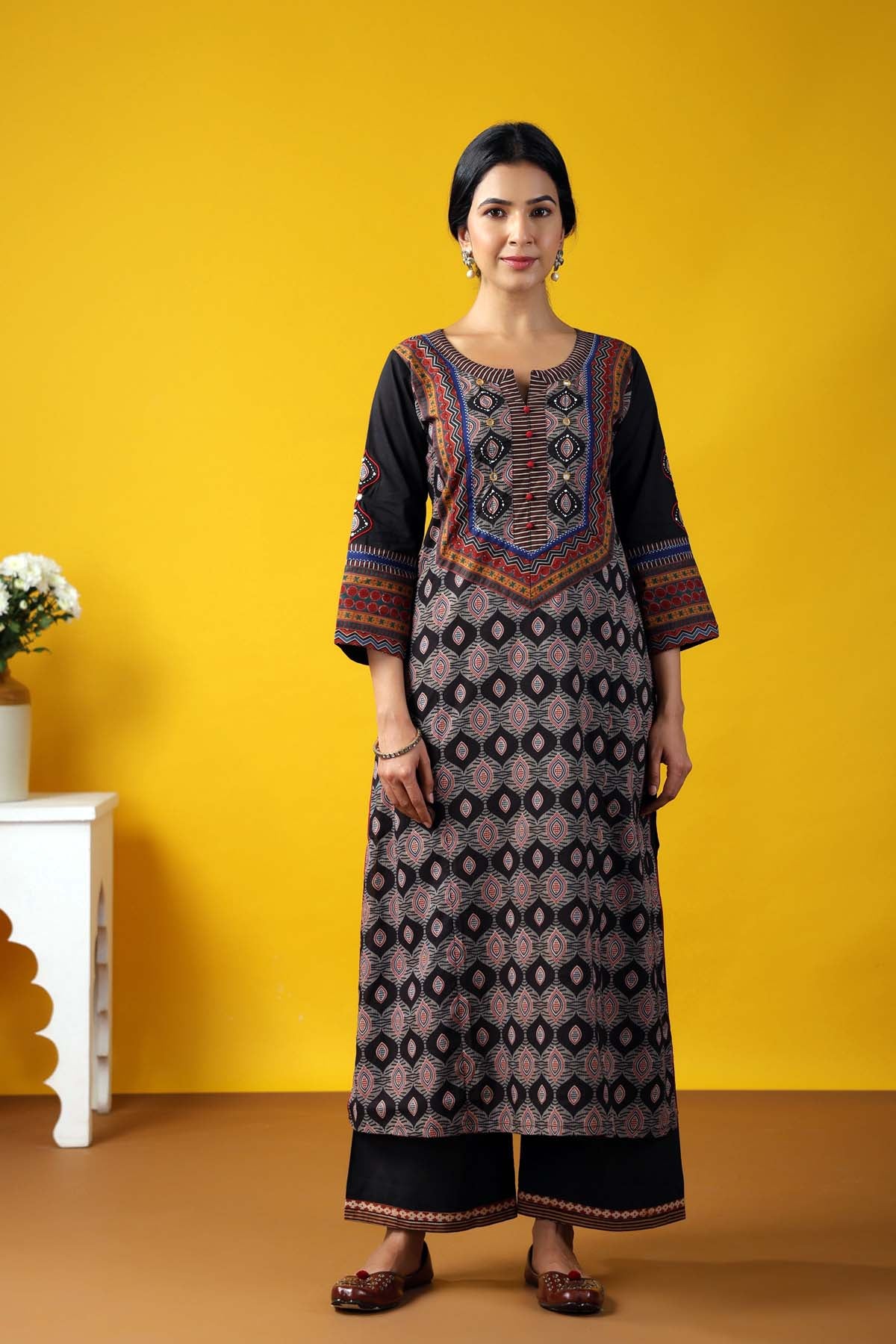 Long Length Straight Fit Kurta In Black Base Color
