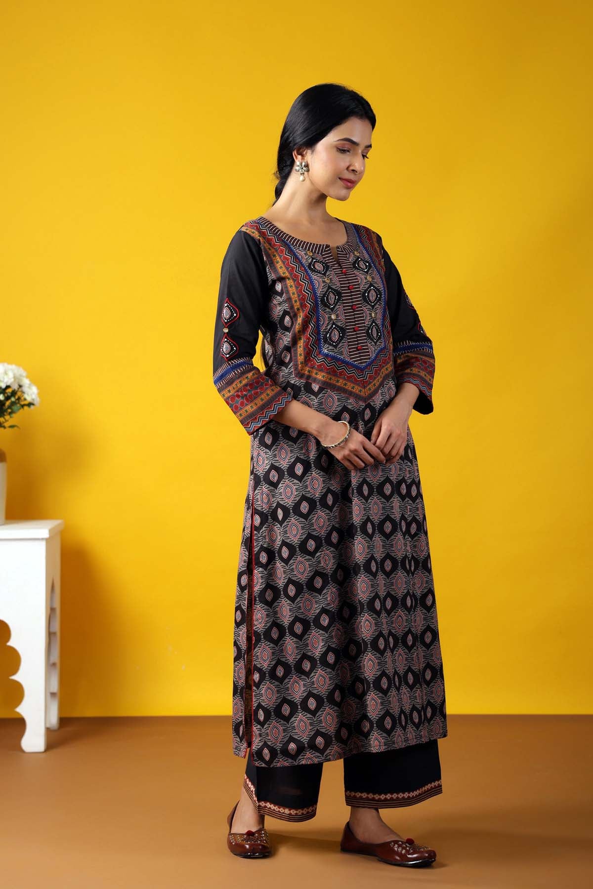 Long Length Straight Fit Kurta In Black Base Color