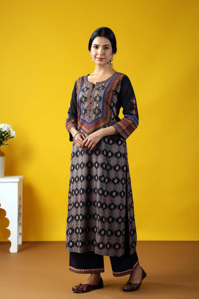 Long Length Straight Fit Kurta In Black Base Color