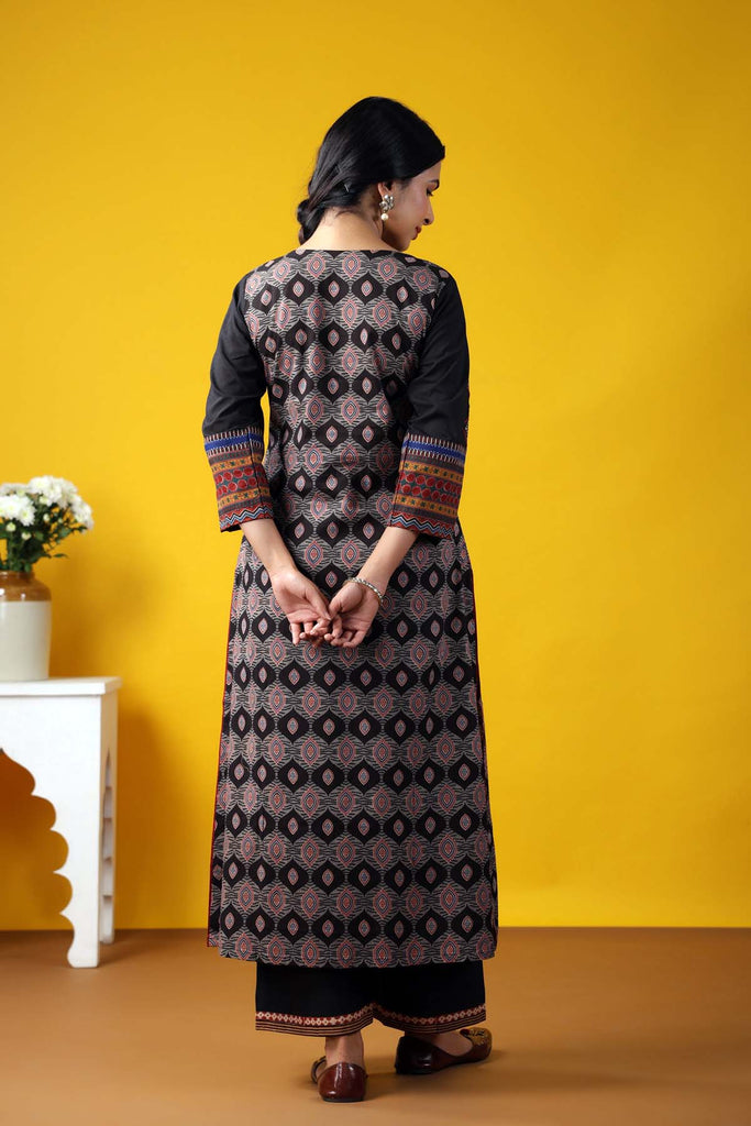 Long Length Straight Fit Kurta In Black Base Color