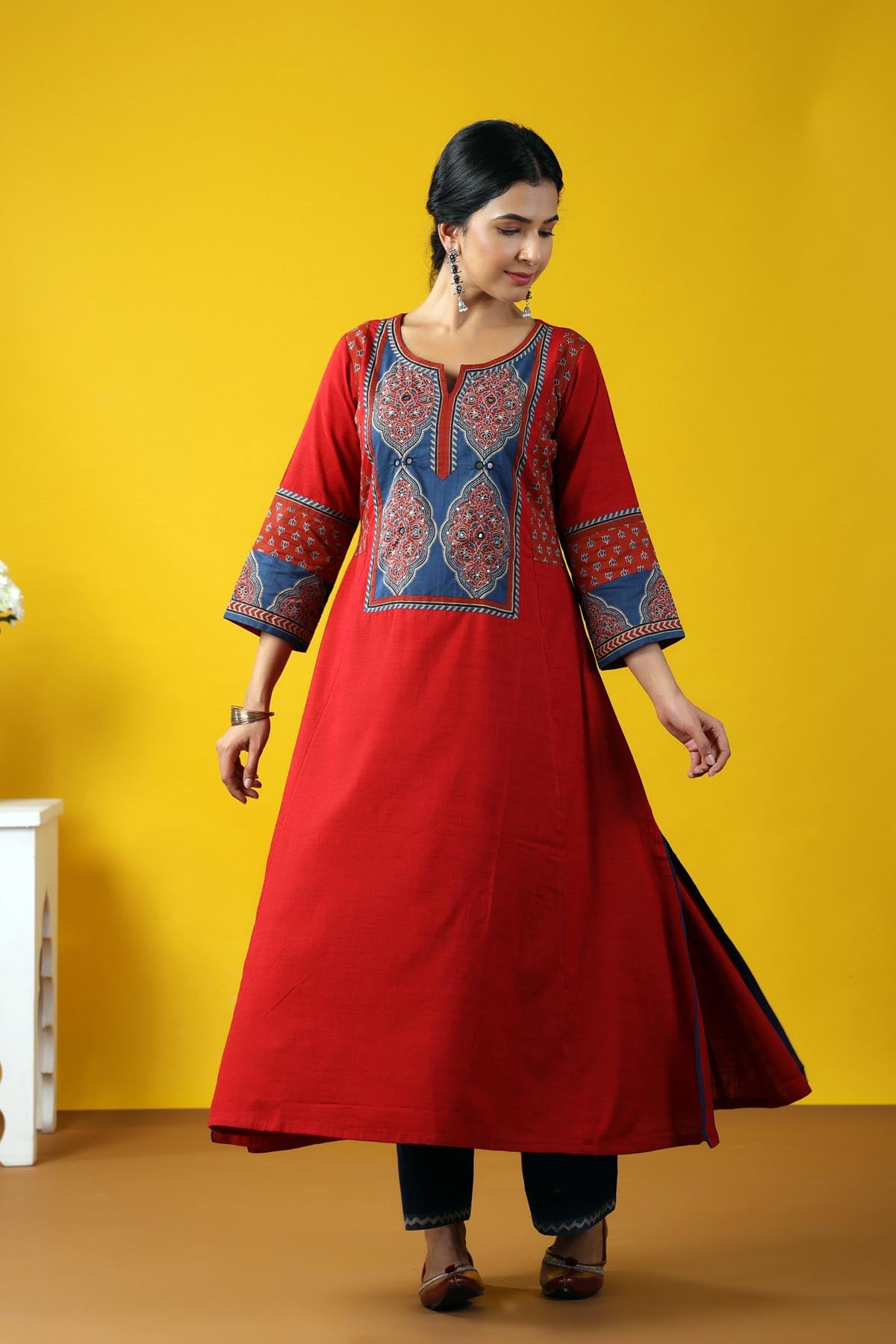 Dark Red A-Line Kurta In Handloom Cotton