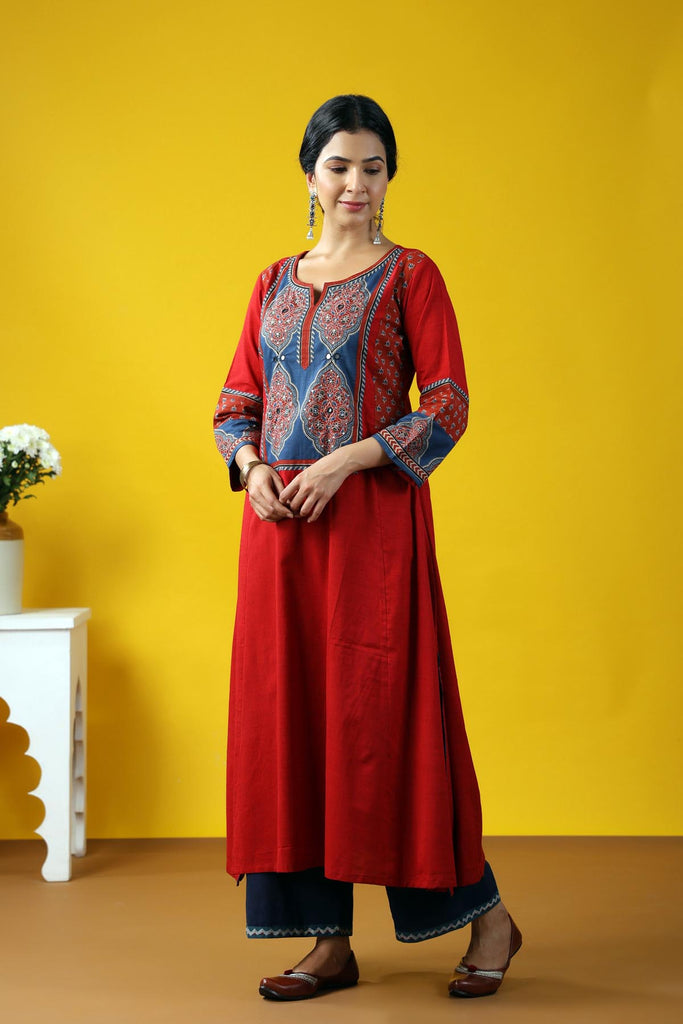 Dark Red A-Line Kurta In Handloom Cotton