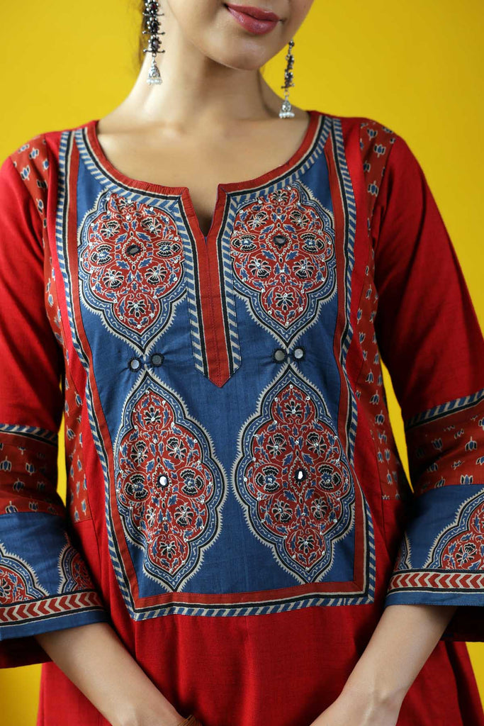 Dark Red A-Line Kurta In Handloom Cotton
