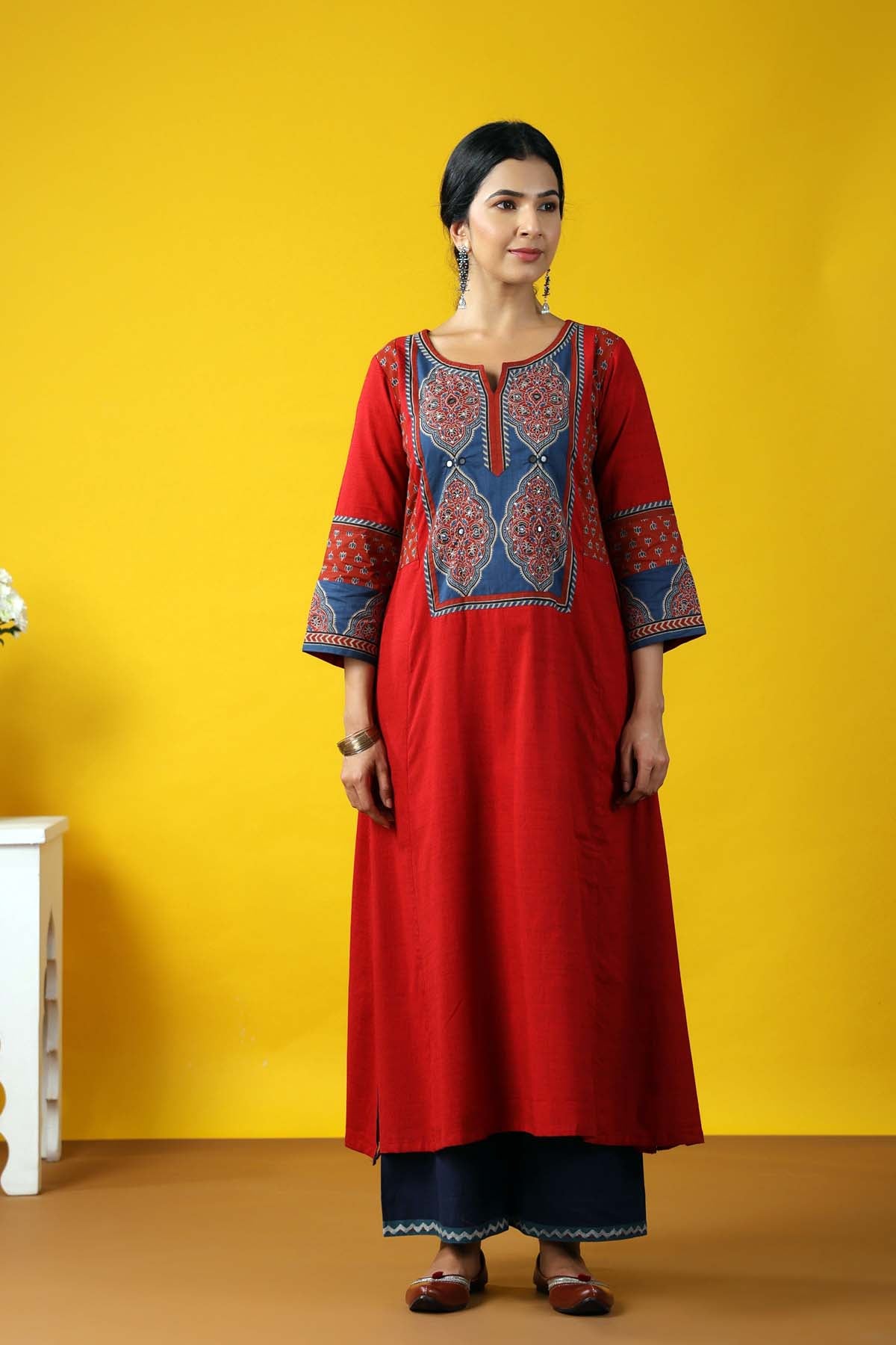Dark Red A-Line Kurta In Handloom Cotton