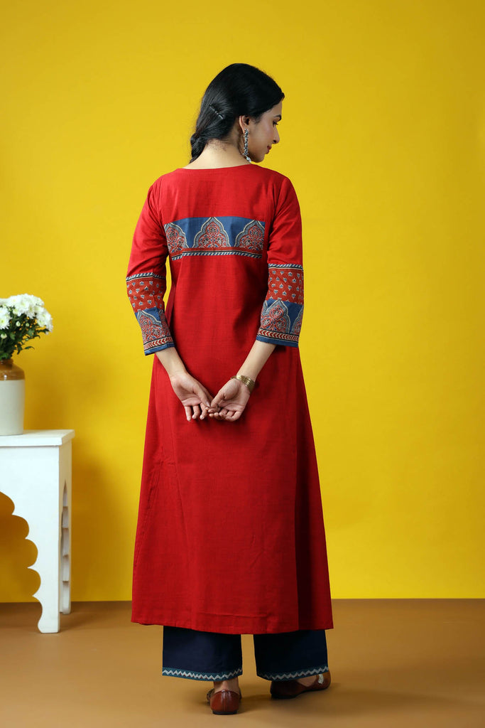 Dark Red A-Line Kurta In Handloom Cotton