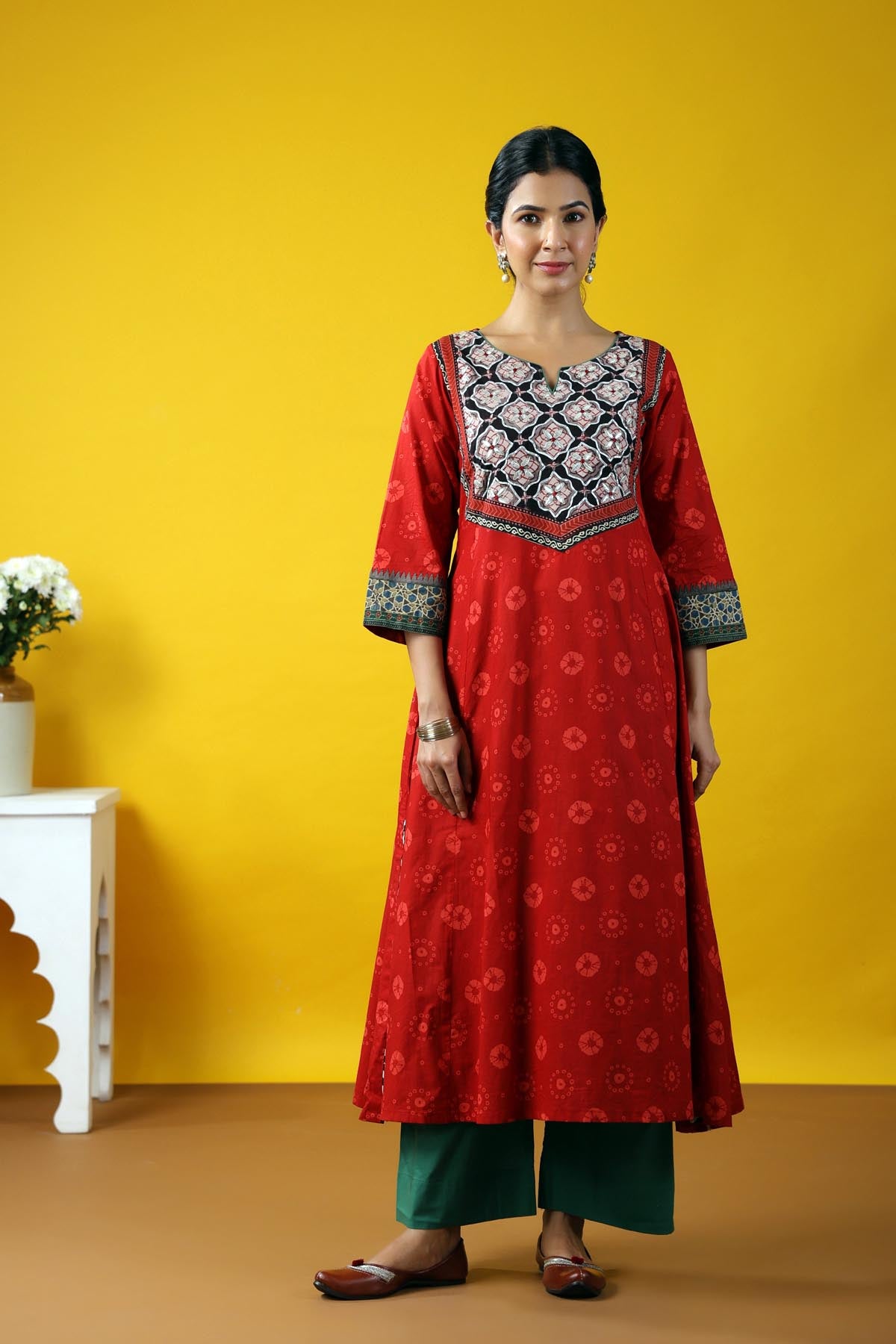 Deep Red A-Line Long Length Kurta In Cotton