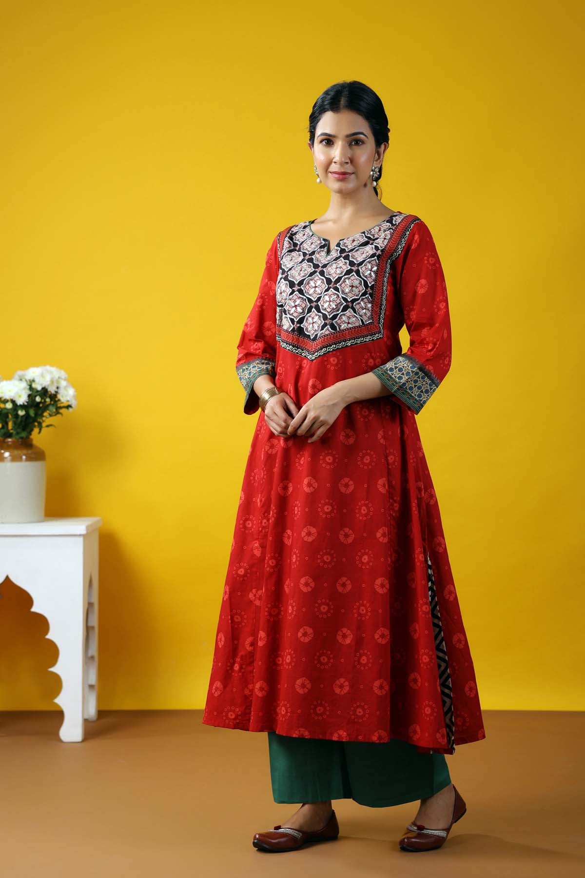 Deep Red A-Line Long Length Kurta In Cotton