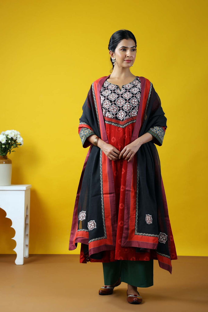 Deep Red A-Line Long Length Kurta In Cotton