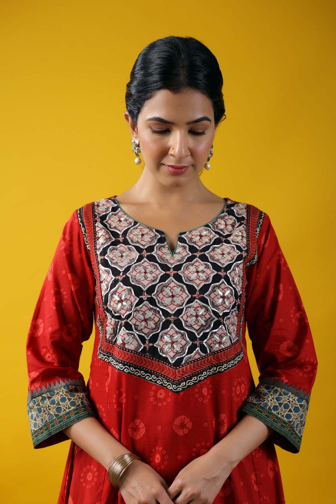 Deep Red A-Line Long Length Kurta In Cotton