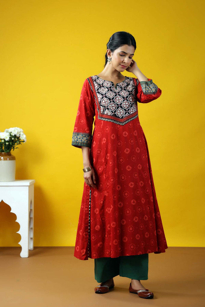 Deep Red A-Line Long Length Kurta In Cotton