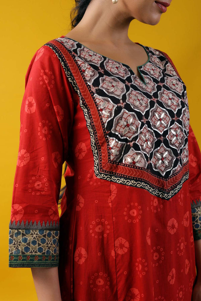 Deep Red A-Line Long Length Kurta In Cotton