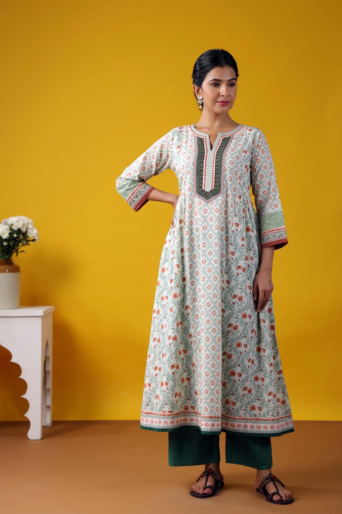 Long Length Kalidaar Kurta In Cream Color Cotton