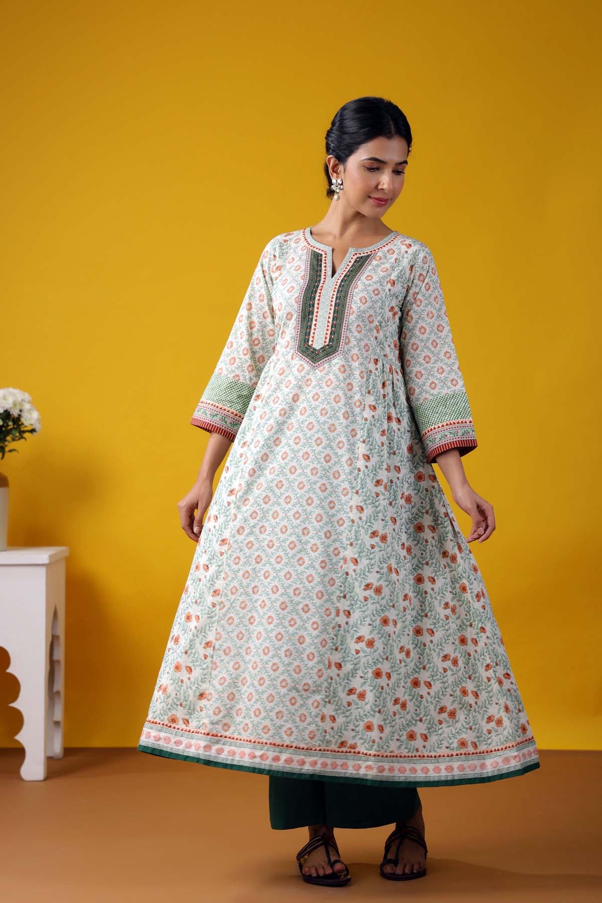 Long Length Kalidaar Kurta In Cream Color Cotton