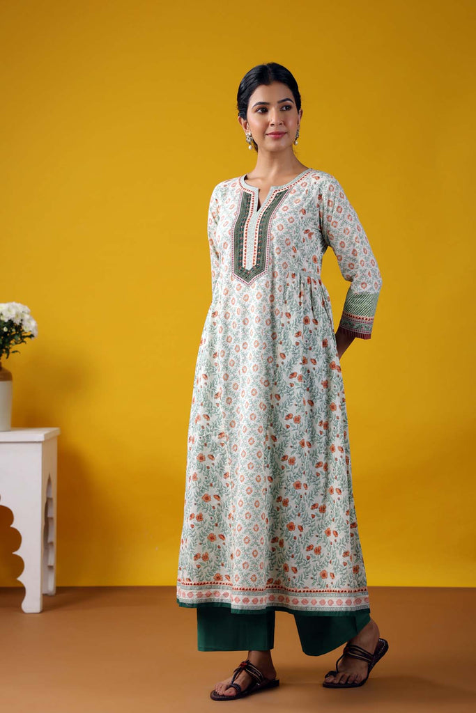Long Length Kalidaar Kurta In Cream Color Cotton