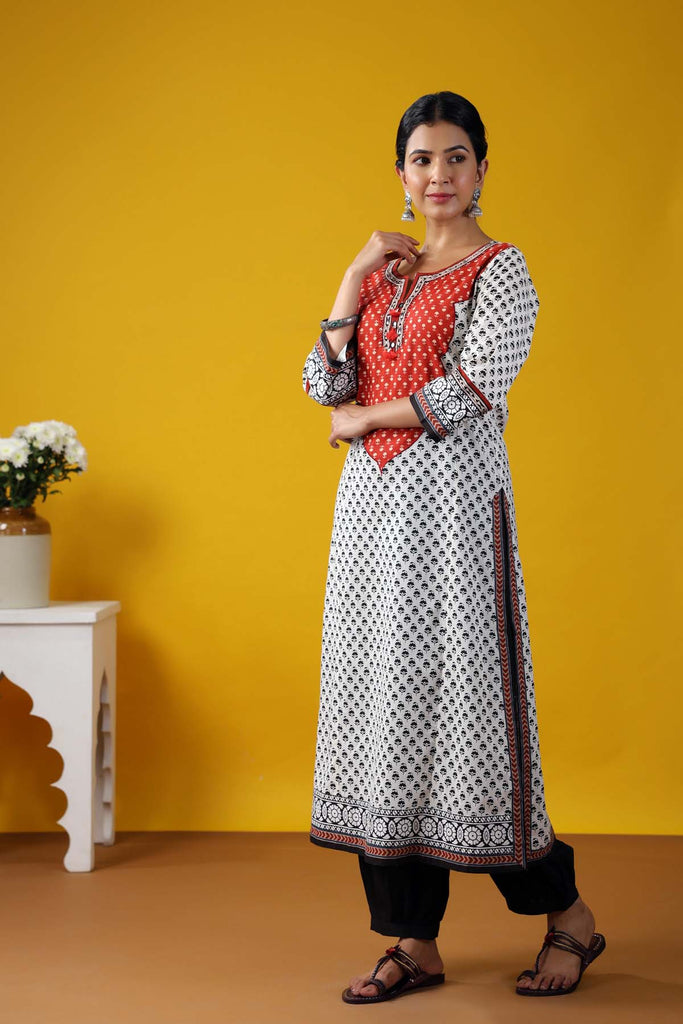 Black And White A-Line Kurta In Buti Print Cotton