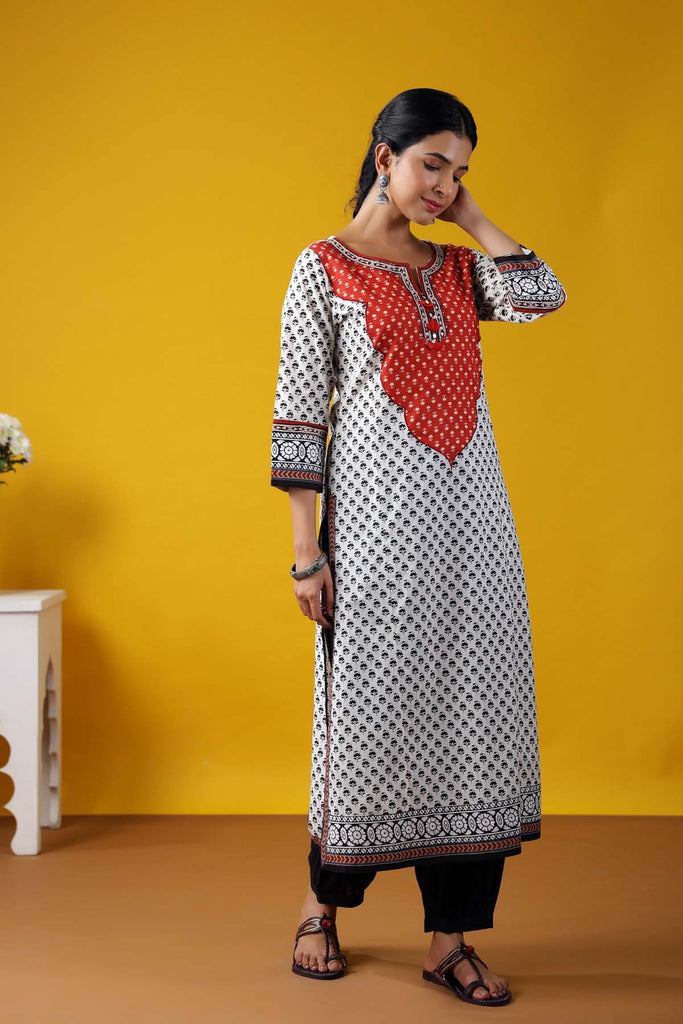 Black And White A-Line Kurta In Buti Print Cotton
