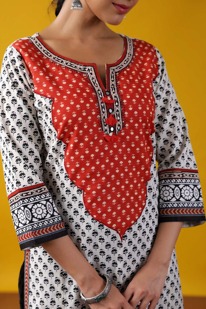 Black And White A-Line Kurta In Buti Print Cotton