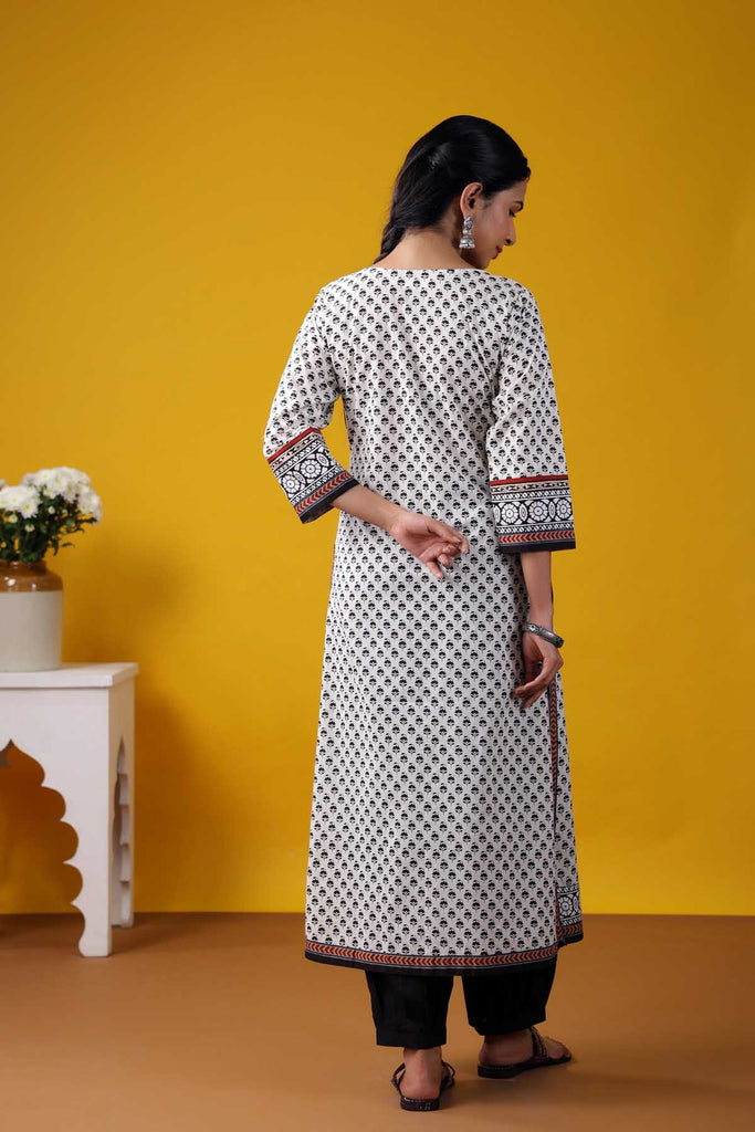 Black And White A-Line Kurta In Buti Print Cotton