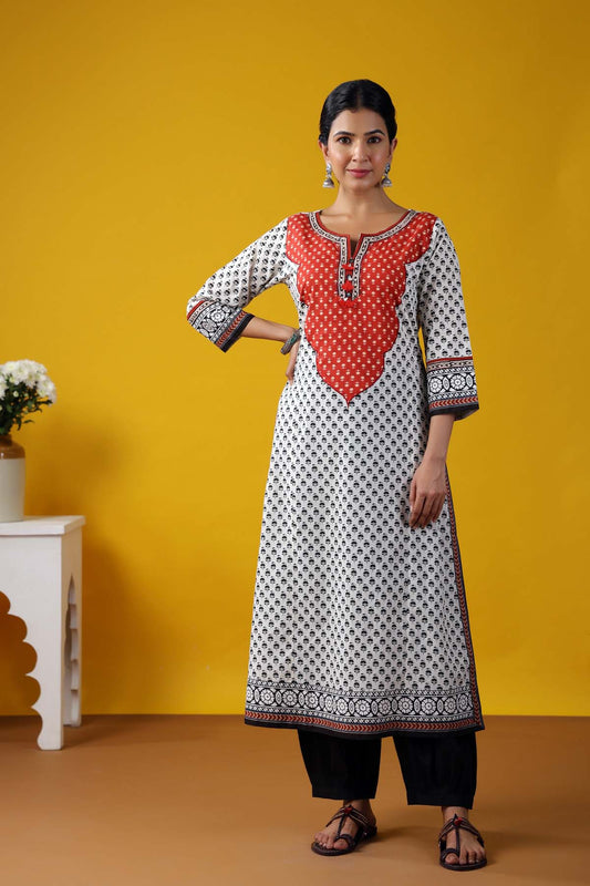 Black And White A-Line Kurta In Buti Print Cotton