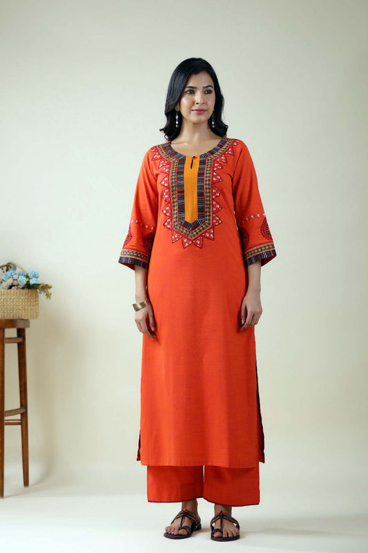 Straight Fit Kurta In Orange Handloom Cotton