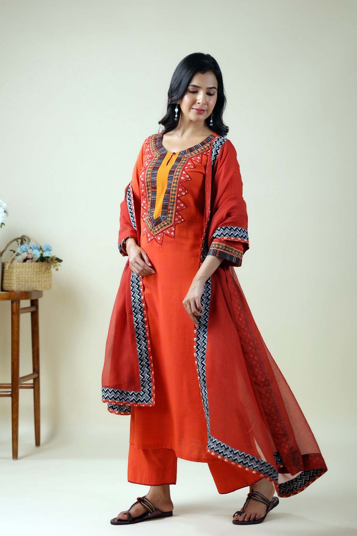 Straight Fit Kurta In Orange Handloom Cotton