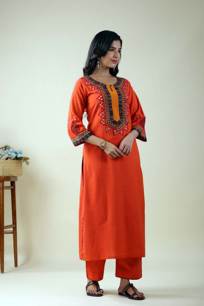 Straight Fit Kurta In Orange Handloom Cotton