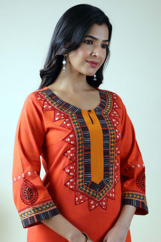 Straight Fit Kurta In Orange Handloom Cotton