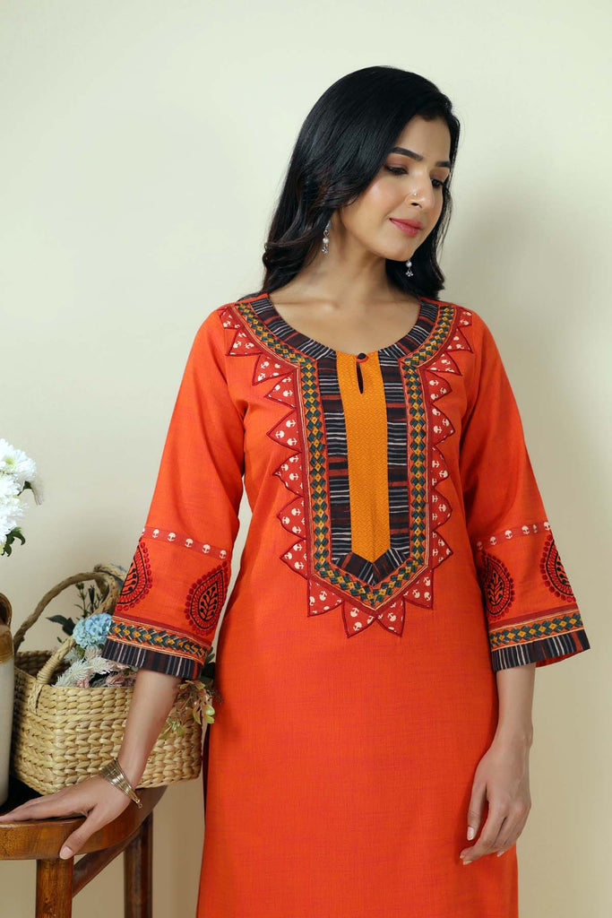 Straight Fit Kurta In Orange Handloom Cotton