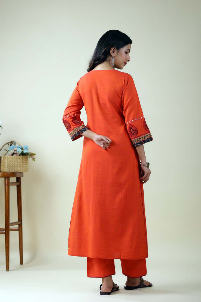 Straight Fit Kurta In Orange Handloom Cotton