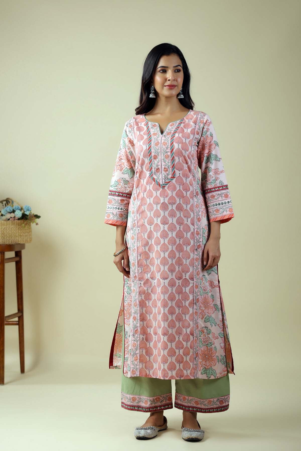 Peach A-Line Kurta In Hand Block Cotton